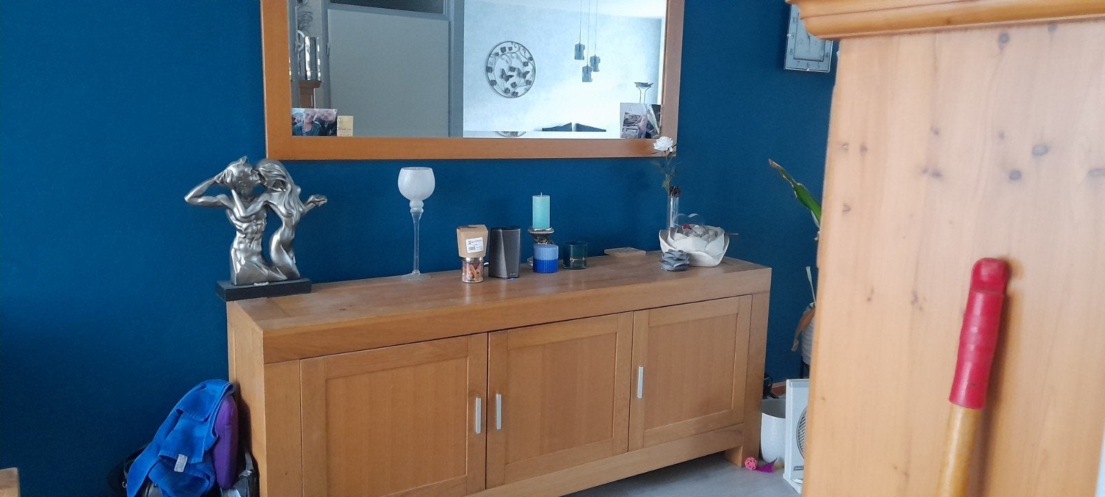 Massief eiken dressoir met spiegel., Ophalen, 150 tot 200 cm, Eikenhout, 25 tot 50 cm