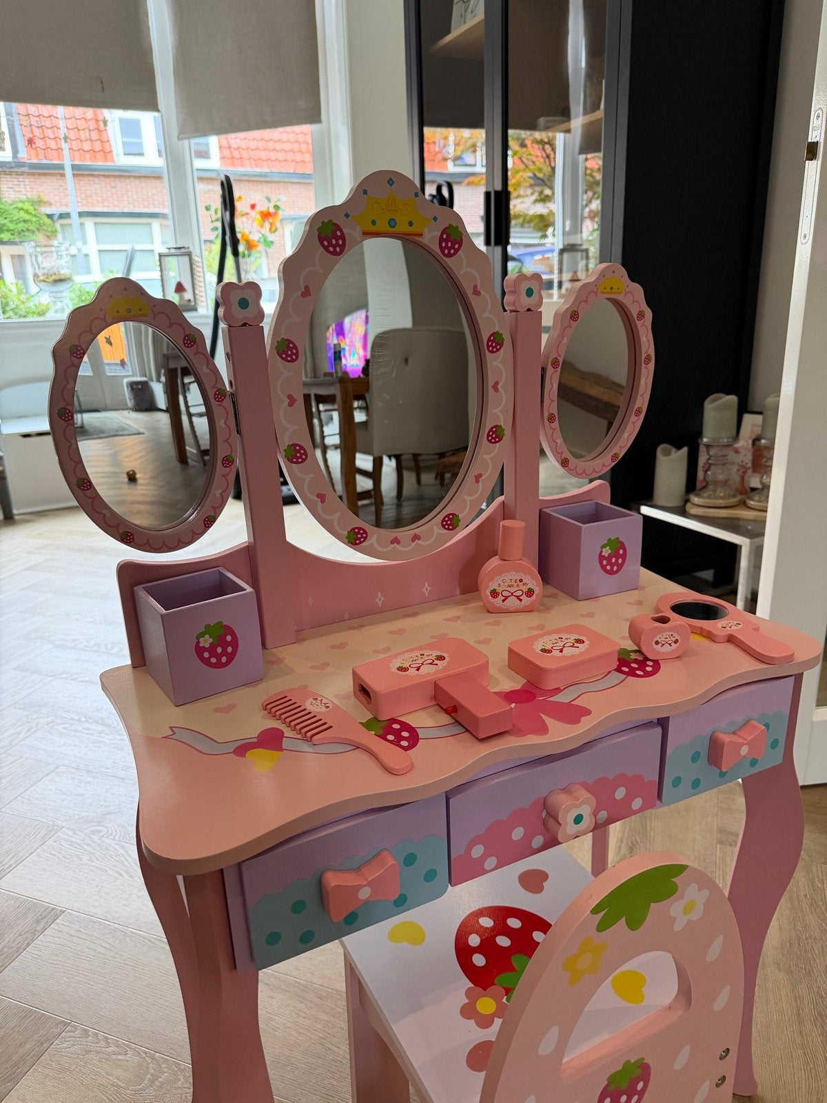 Costway Kaptafel Spiegel Kinder Kaptafel en Stoel, Ophalen of Verzenden, Gebruikt, Meubelstuk of Keukentje