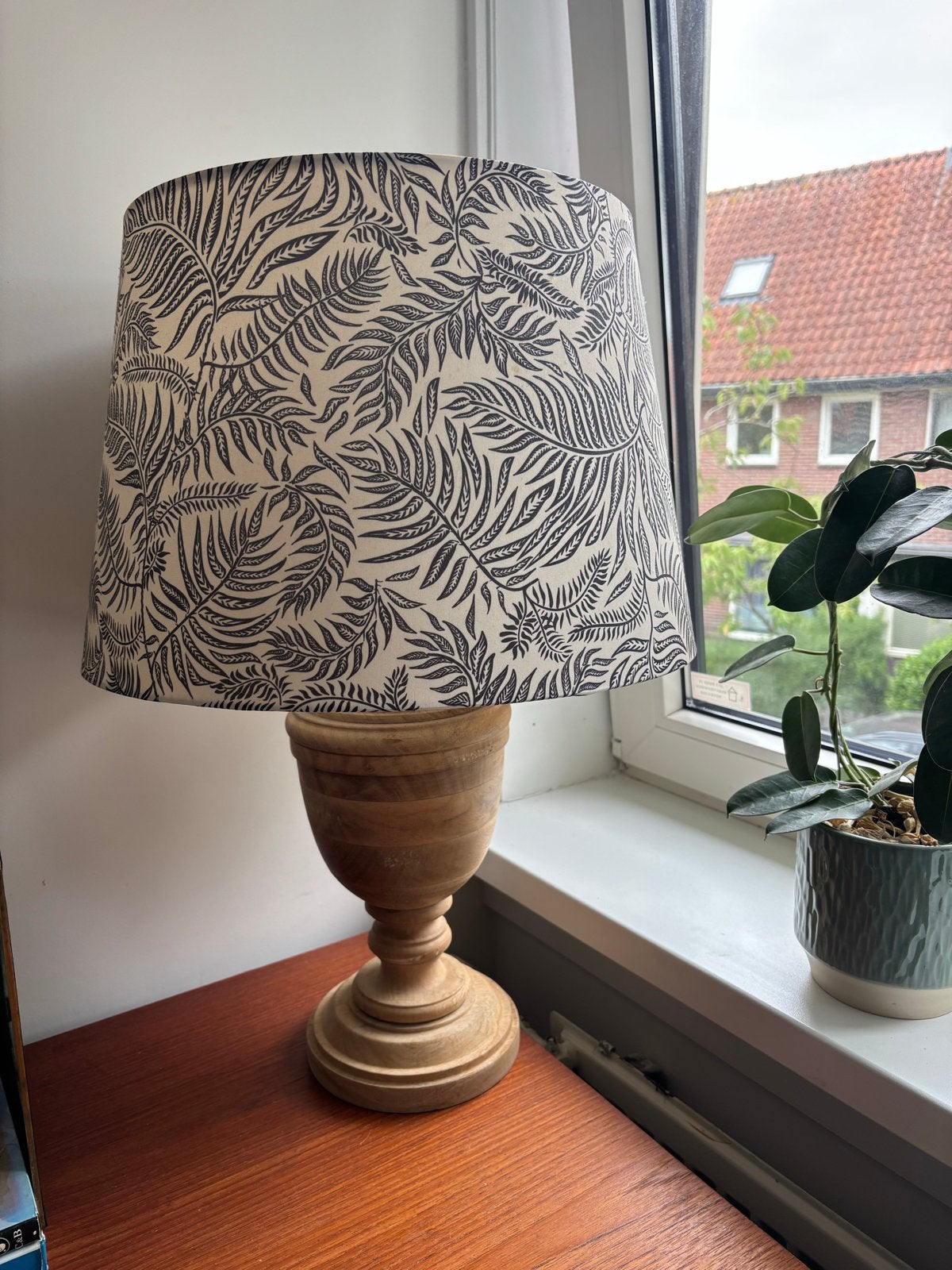 Houten tafellamp met bladerenprint kap, Ophalen, Gebruikt, Overige merken, Meerkleurig