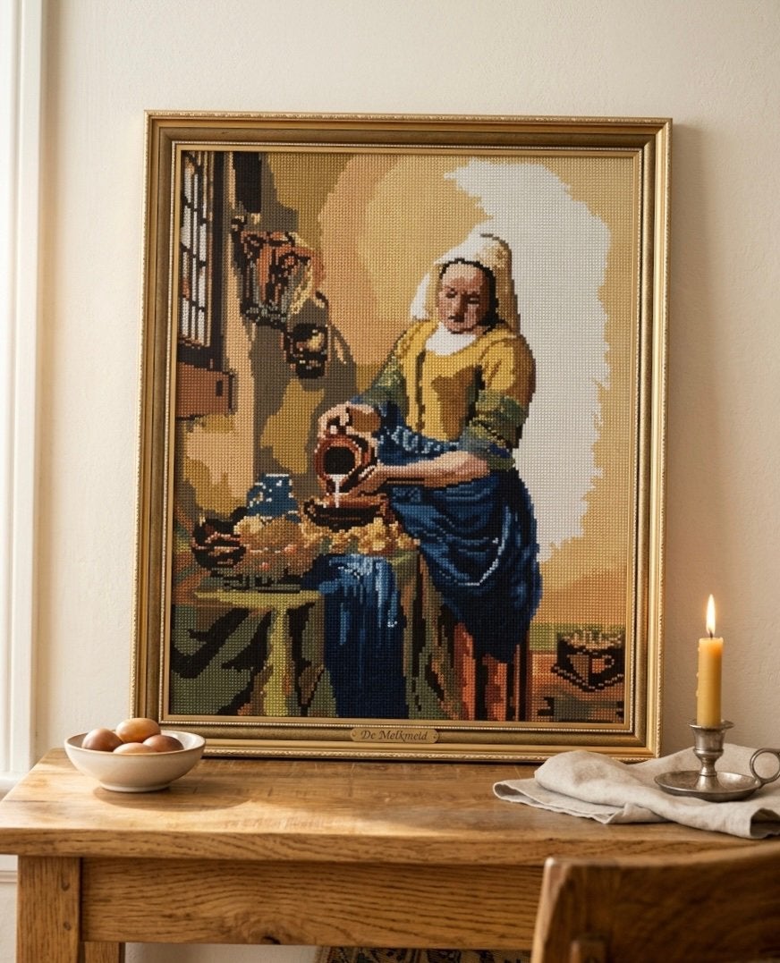 Prachtig groot vintage ingelijst borduurwerk Het Melkmeisje, Huis en Inrichting, Ophalen of Verzenden