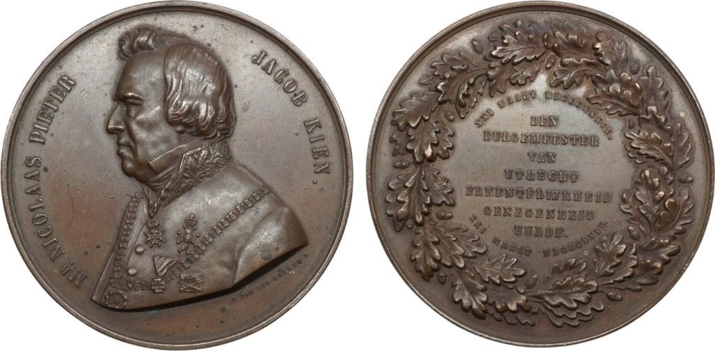 Penning 1864, Nederland, Utrecht, burgemeester Kien, Ophalen of Verzenden, Koning Willem III, Overige waardes, Losse munt