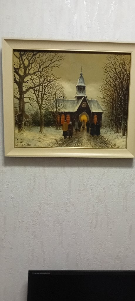 oud schilderij kerkje, Antiek en Kunst, Ophalen, Origineel werk