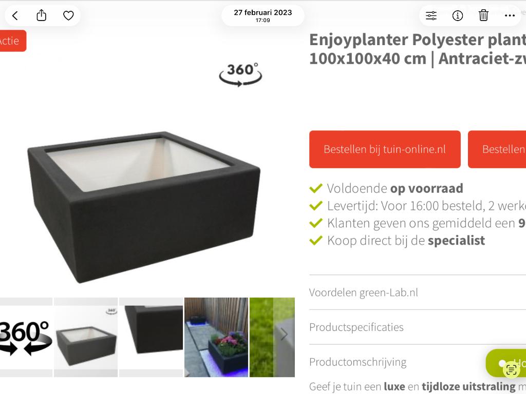 Polyester Plantenbak 100x100x40, Tuin en Terras, Ophalen, Kunststof, 100 cm of meer, Vierkant
