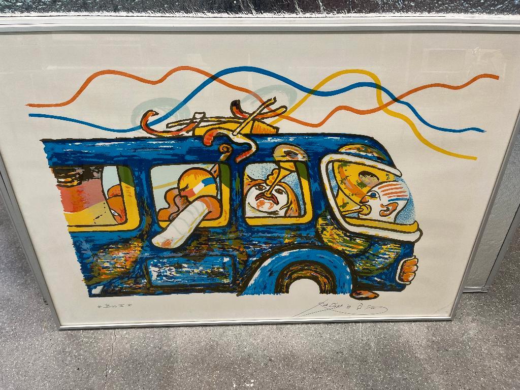 Kleurrijke ets van Rob Clous – “Bus I” & "Bus II" ingelijst, Antiek en Kunst, Ophalen