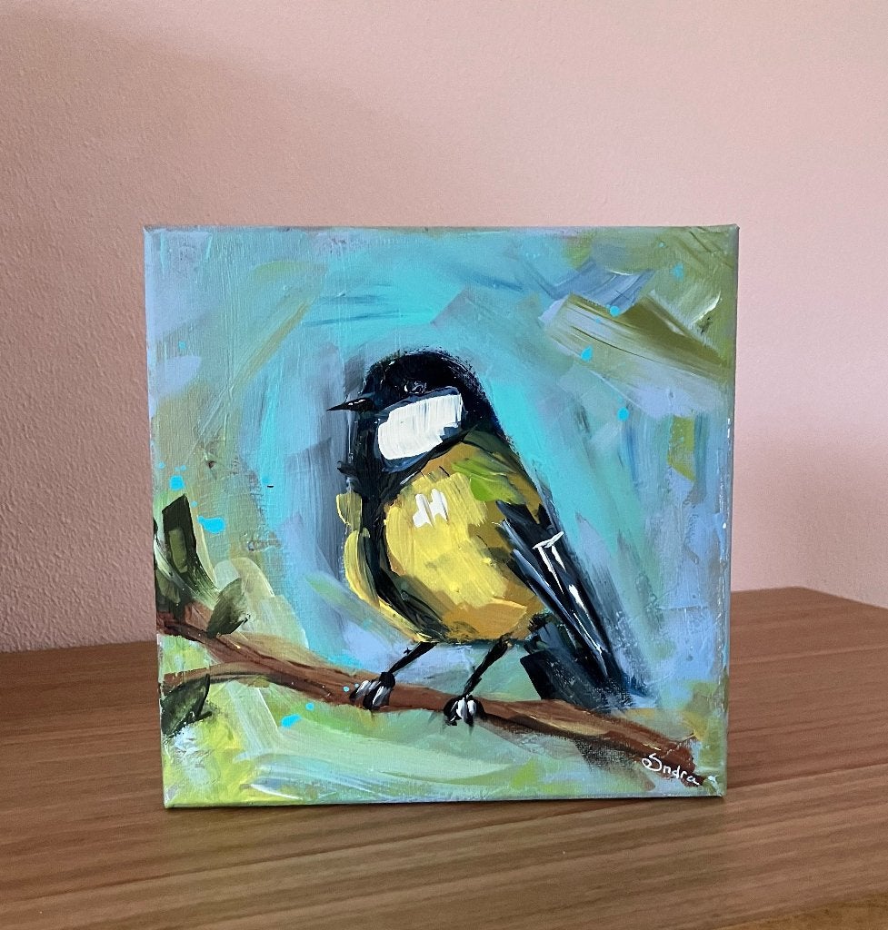 Schilderijtje op doek :Koolmees  20 x 20 cm, Antiek en Kunst, Kunst | Schilderijen | Klassiek, Doek, Dieren, Ophalen of Verzenden