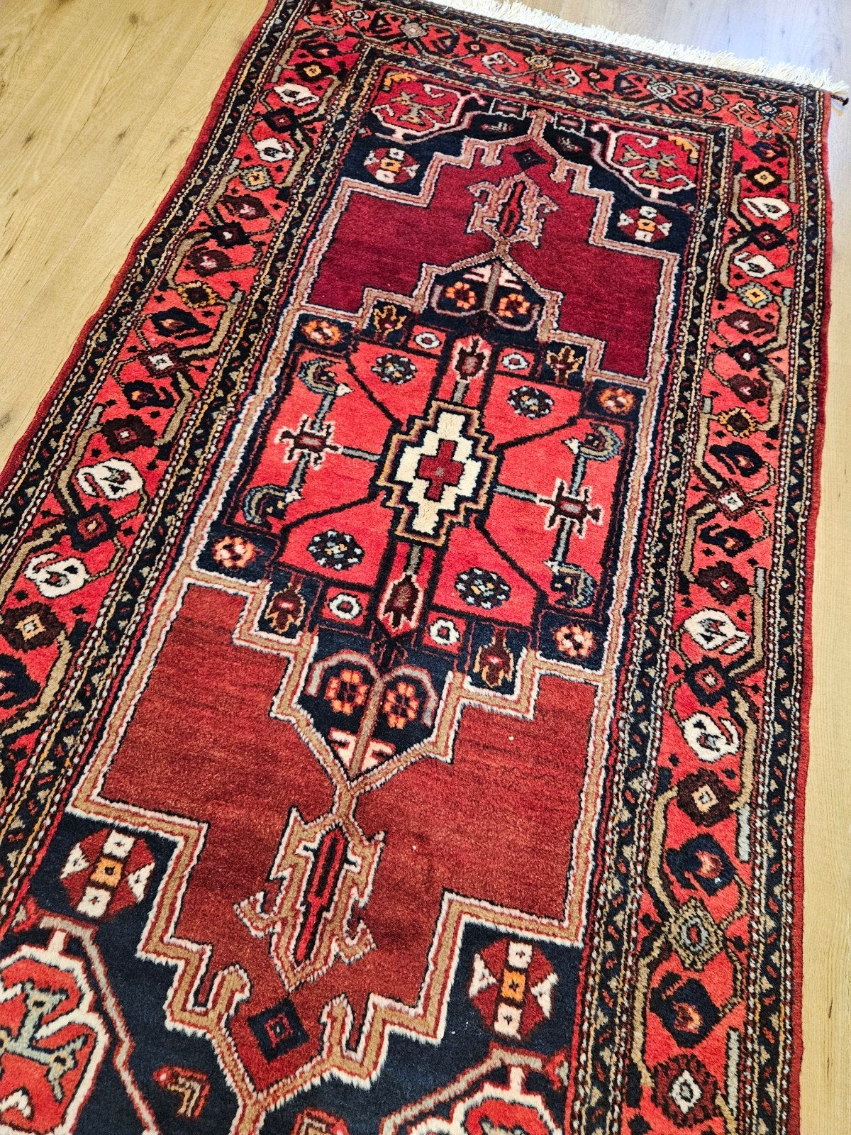 Vintage handgeknoopt perzisch hamadan 210x102, Info@SlatsAntiek.nl, Tweedehands, 100 tot 150 cm, Perzisch