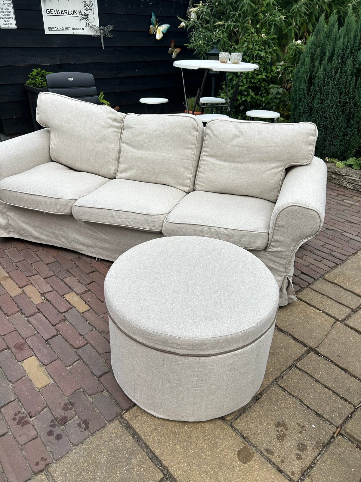 IKEA SIDSJÖ Poef met opbergruimte Kilanda beige, Huis en Inrichting, Ophalen, Rond, Zo goed als nieuw, Stof