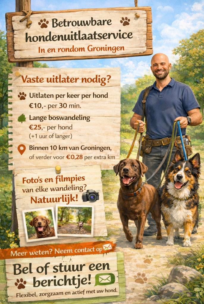 Betrouwbare hondenuitlaatservice – Groningen & omgeving, Ophalen of Verzenden