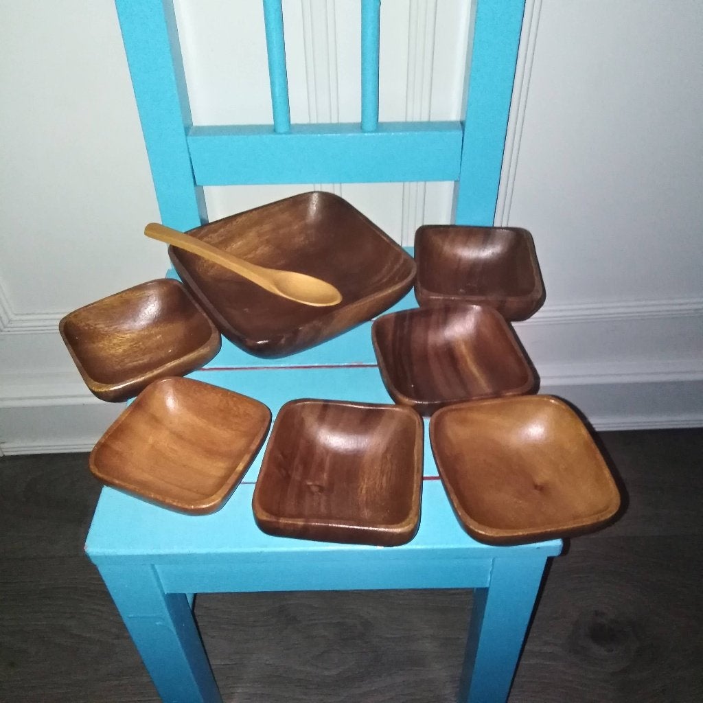 Houten vierkante schaaltje met 6 vierkante houten schaaltjes, Ophalen, Gebruikt, Schaal, Vierkant