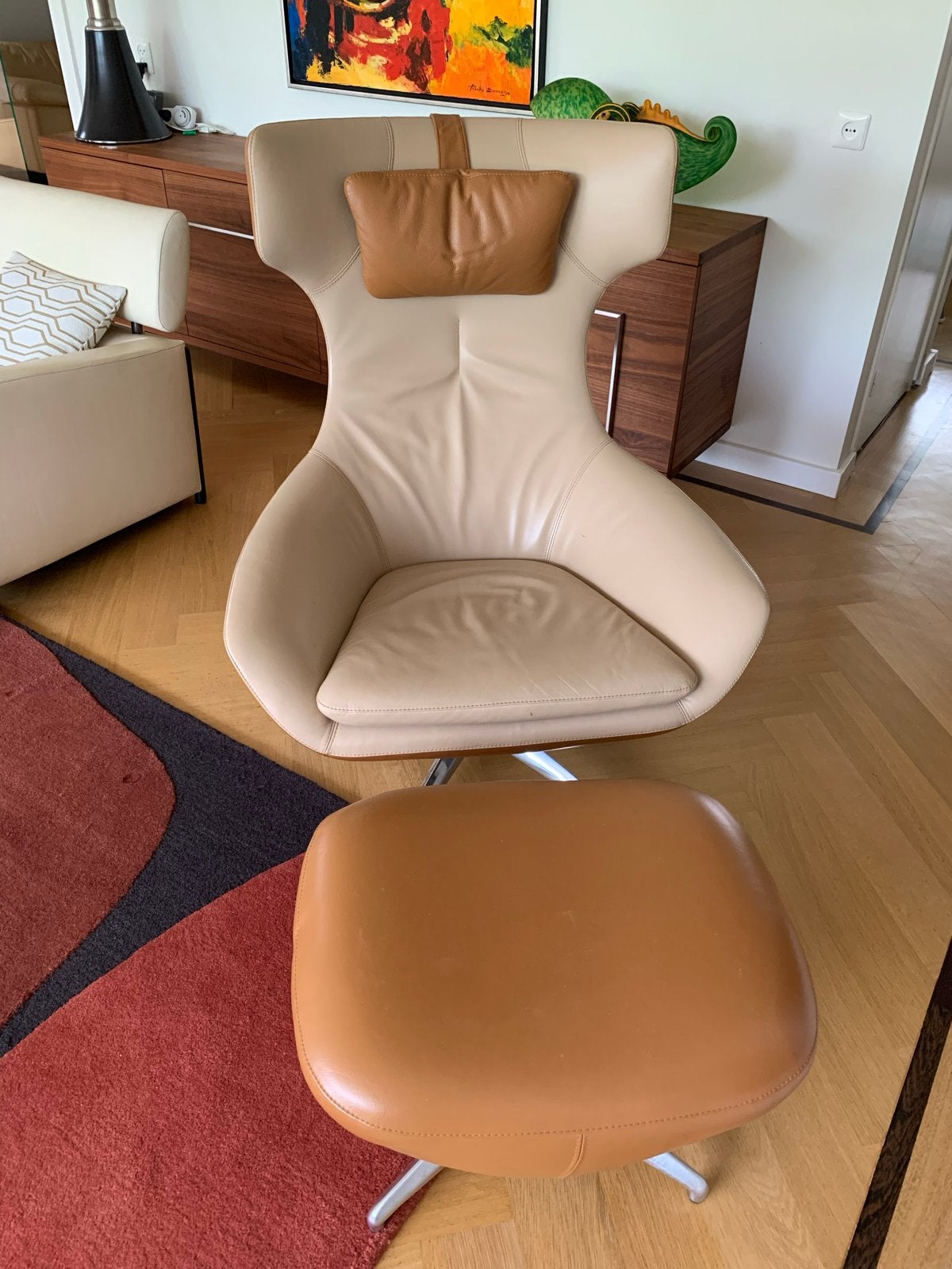 LeoLux Carusso fauteuil met hoofdkussen en hocker, Ophalen, Overige kleuren, Leer, Zo goed als nieuw