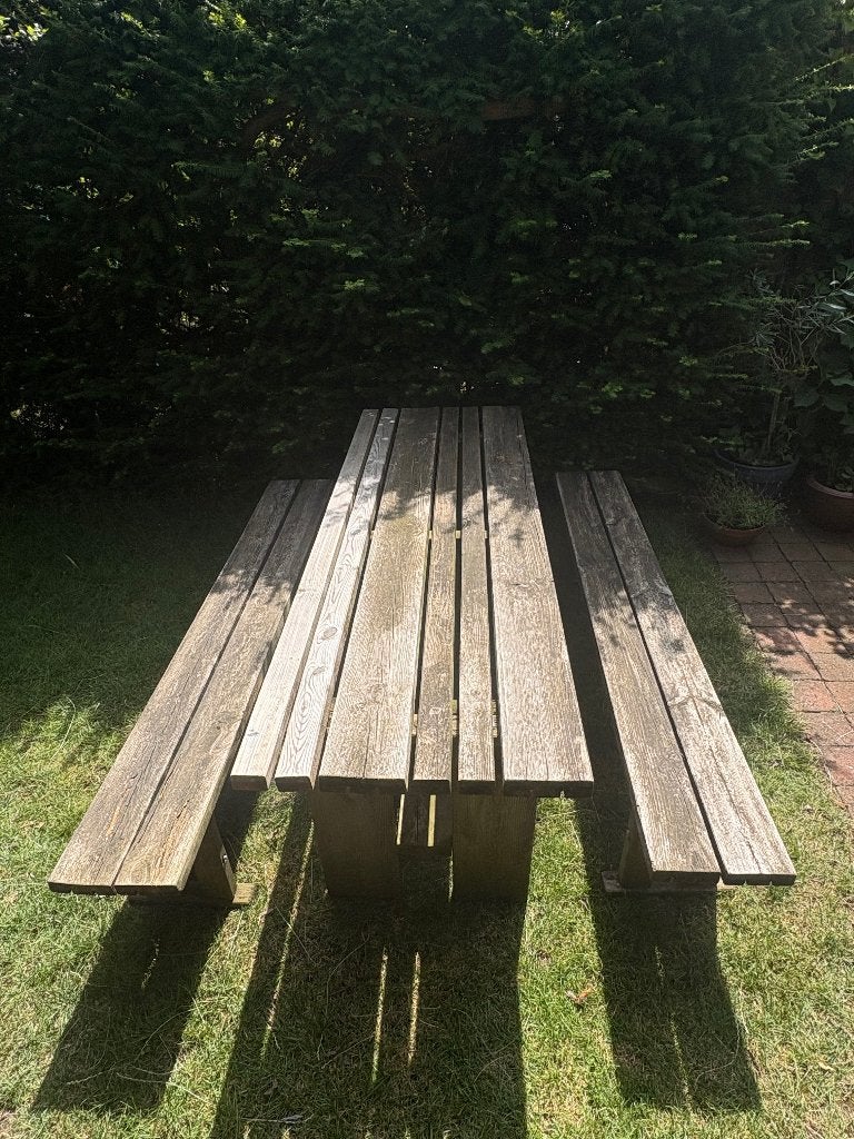 Robuuste houten tuinset: tafel met 2 losse banken, Tuin en Terras, Ophalen, Gebruikt, Rechthoekig, Hout