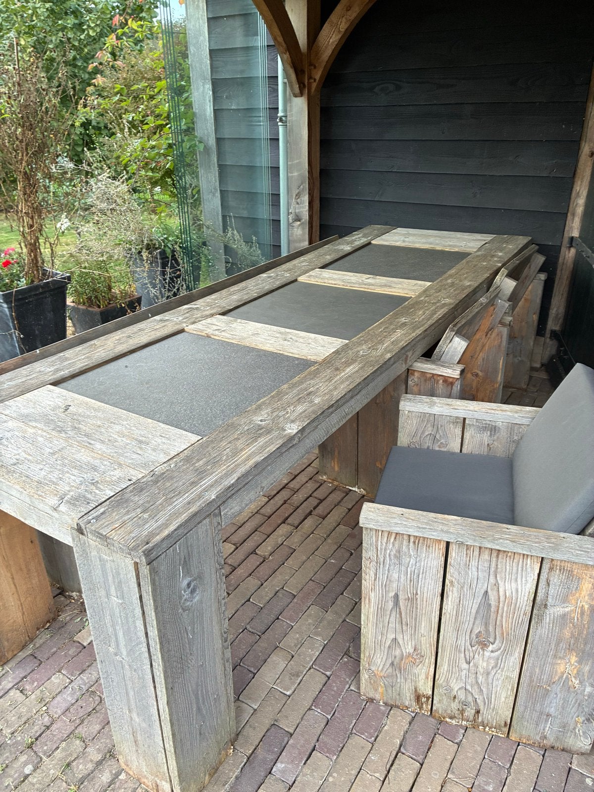 Robuuste houten tuintafel met bank en stoel, Ophalen, Gebruikt, Rechthoekig, Hout