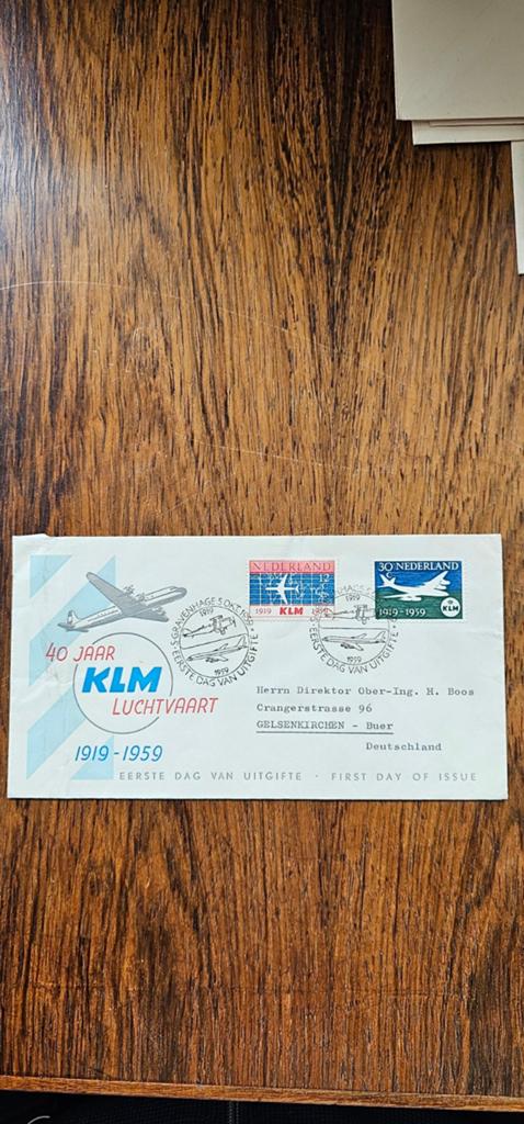 Envelop 40 jaar KLM Luchtvaart 1919-1959 Eerste Dag Uitgifte, Postzegels en Munten, Verzenden, Envelop