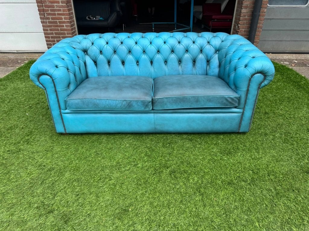 Bankstel CHESTERFIELD 3zit bank blauwe leer, Geen, Pahest@hotmail.nl, Design, Driepersoons