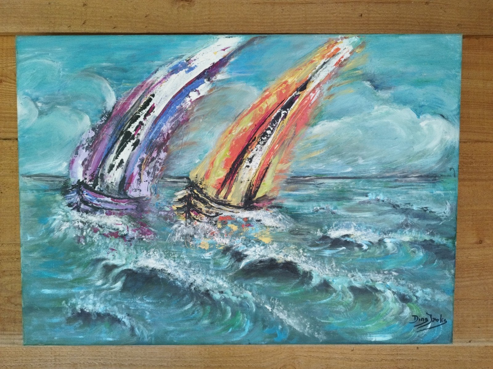 Schilderij Diny Izaks (overleden 2022) - Zeilboten op zee, Ophalen of Verzenden