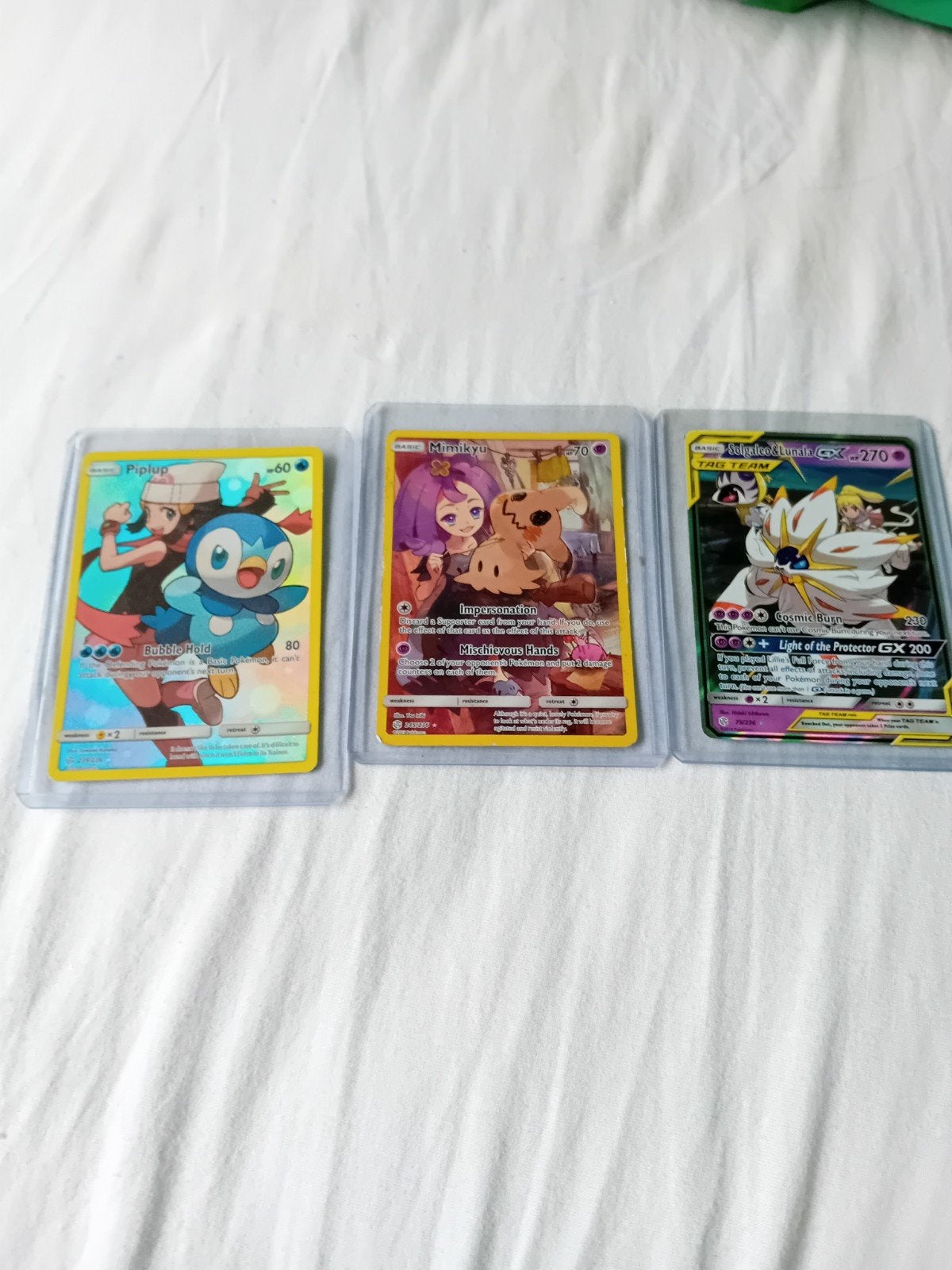 Pokémon Kaarten: Solgaleo & Lunala GX, Piplup, Mimikyu, Ophalen of Verzenden, Zo goed als nieuw, Meerdere kaarten