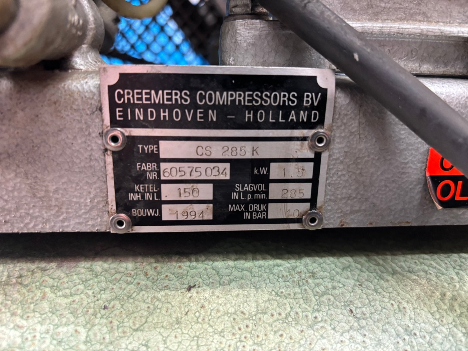 Creemers compressor 285 1.5 pk 380 volt  150 ltr tank, Ophalen, Gebruikt, 200 tot 400 liter/min, 6 tot 10 bar