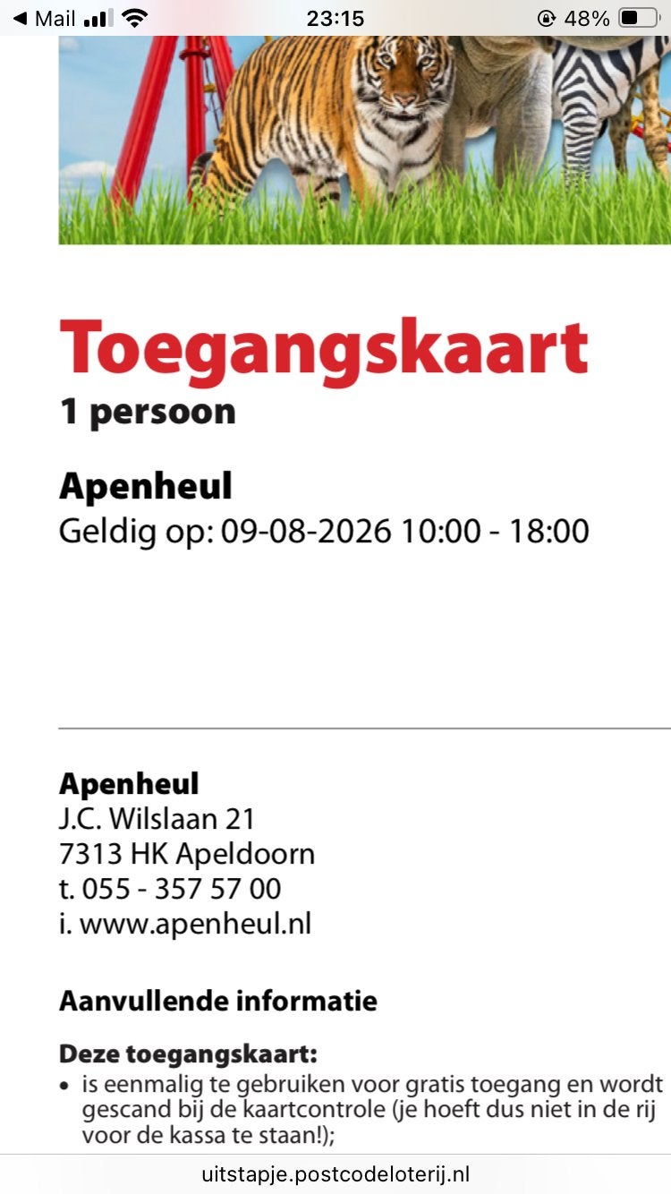 4 kaartjes voot de apenheul op zondag 9-8, Twee personen, Ticket of Toegangskaart