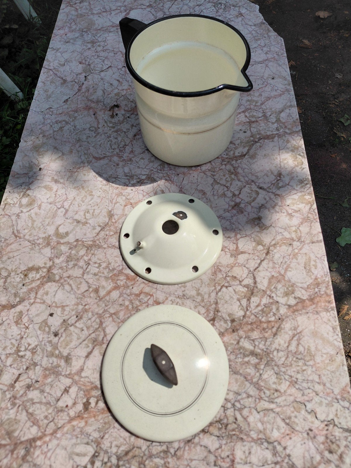 Vintage emaille percolator melkkoker, crème met zwart, Antiek en Kunst, Ophalen of Verzenden