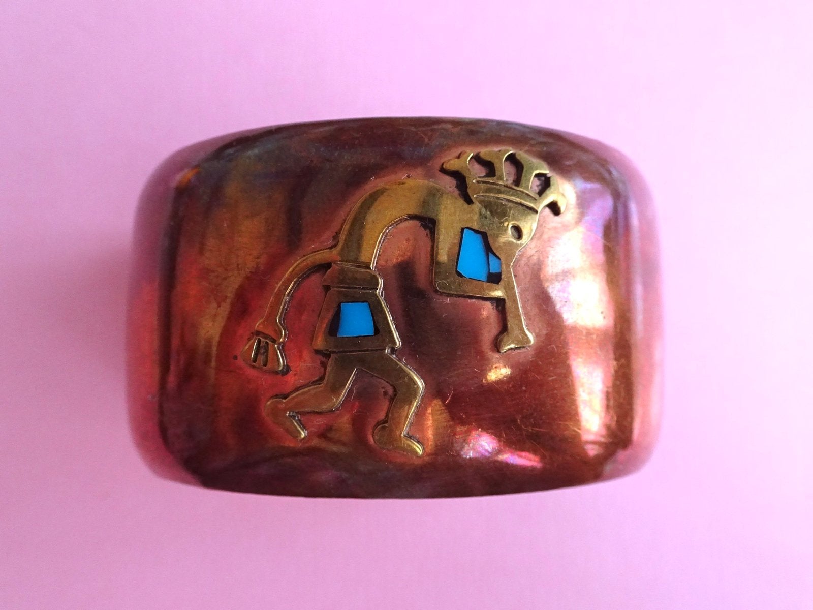 jwg Brede vintage 60s koper armband turkoois goud kl Mexico, Verzenden, Koper, Armband