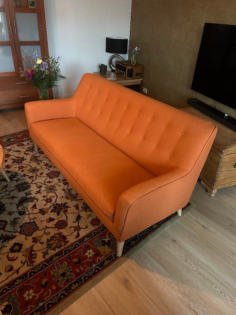 3 zits bank oranje stof, Ophalen, Gebruikt, Driepersoons, 75 tot 100 cm