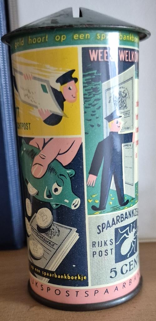 vintage blikken spaarpot Rijkspostspaarbank, Verzamelen, Spaarpotten, Ophalen, Gebruikt, Metaal of Blik, Overige thema's