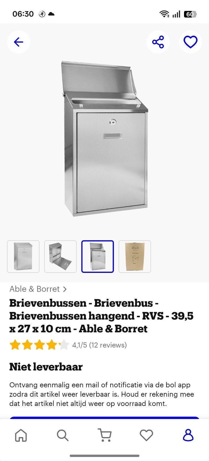 Able & Borret Brievenbus Hangend RVS - 39,5 x 27 x 10 cm, Ophalen of Verzenden, Nieuw