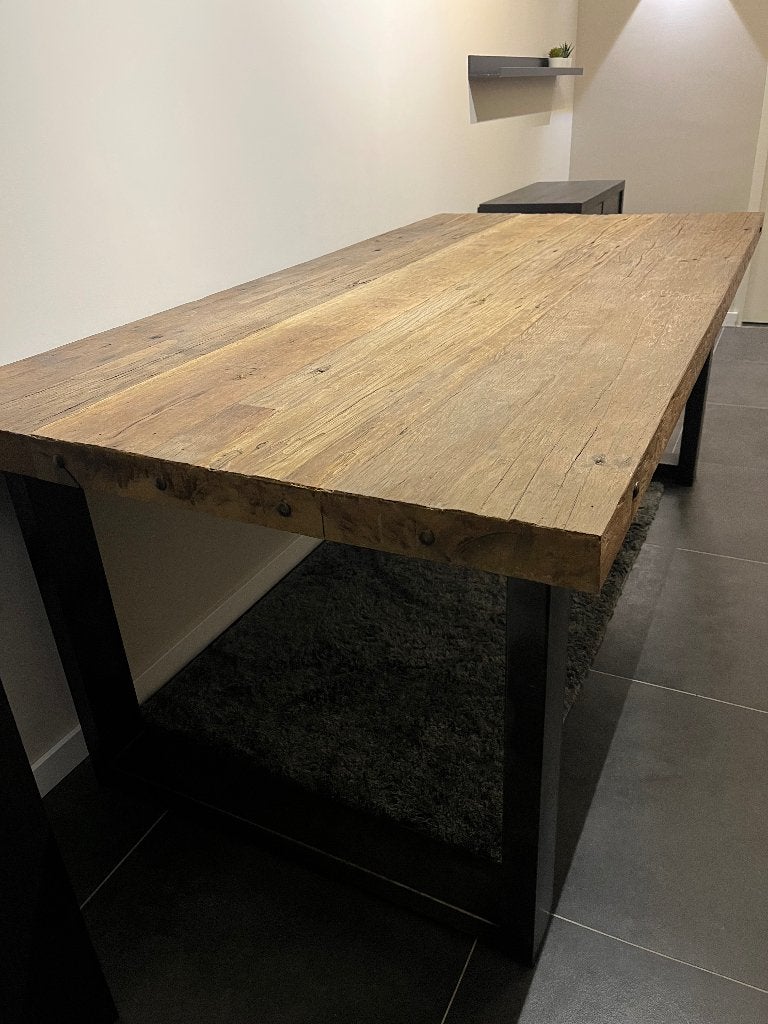 Eettafel hout en staal, Ophalen, Gebruikt, 200 cm of meer, 50 tot 100 cm