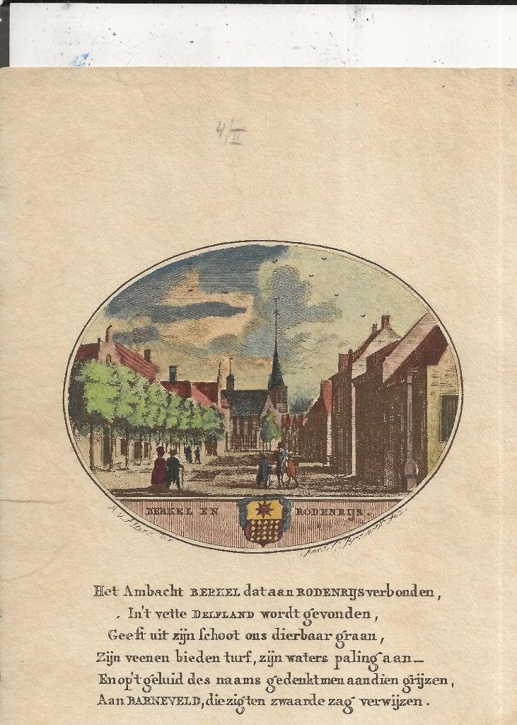 Berkel Rodenrijs Bakker en van Ollefen 1795 kleur, Ophalen of Verzenden, Voor 1920, Ongelopen, Zuid-Holland