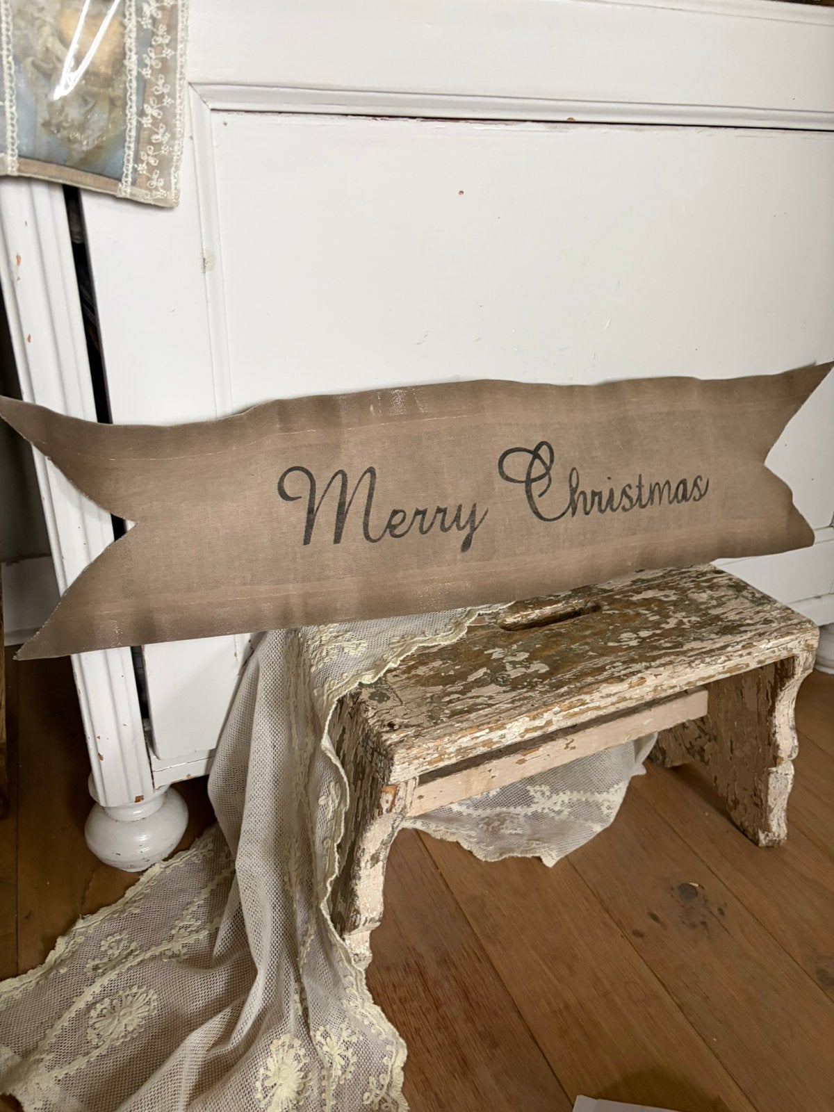 Brocante keretloper linnen  /vaantje merry christmas, Huis en Inrichting, Ophalen of Verzenden, Zo goed als nieuw