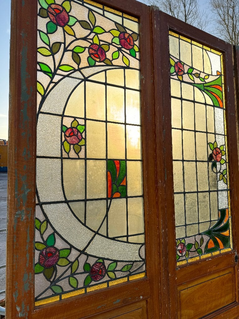 Set Jugendstil openslaande deuren met zijpanelen 245x260cm., Ophalen