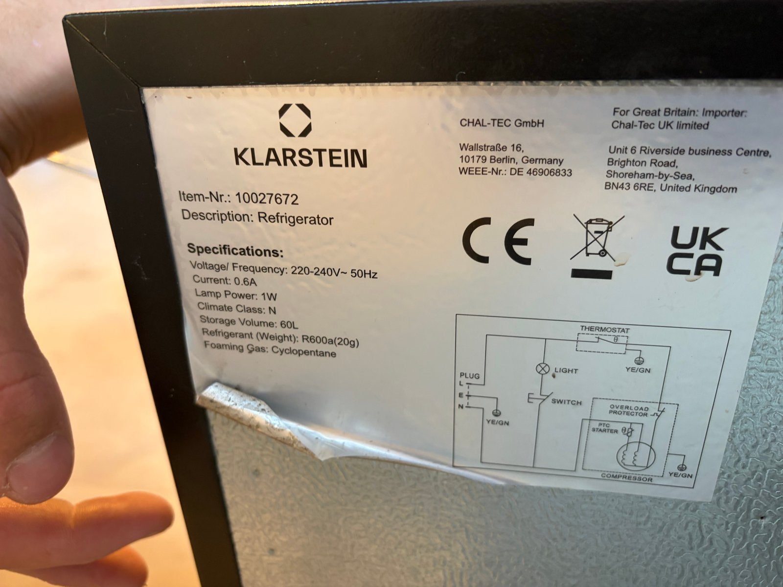Klarstein Compressor Koelkast met Glazen Deur - 60L, Ophalen, Minder dan 75 liter, Zonder vriesvak, Gebruikt