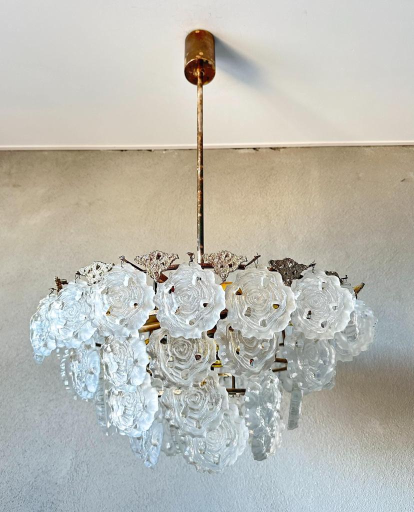 Vintage Kinkeldey frosted glas kroonluchter, Niet ingevuld, Gebruikt, Mid century modern, Niet ingevuld