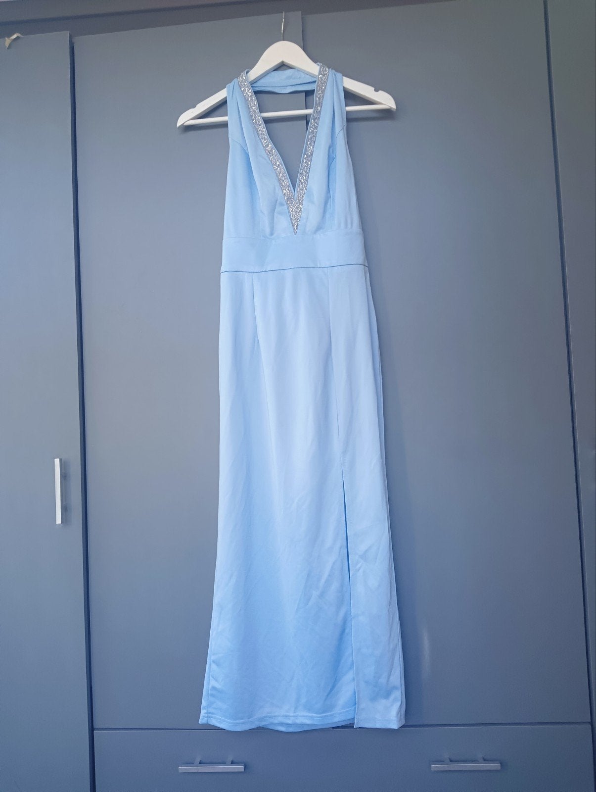 Prachtige ijsblauwe jurk mt S met glitter steentjes, Overige typen, Blauw, Ophalen of Verzenden, Maat 36 (S)