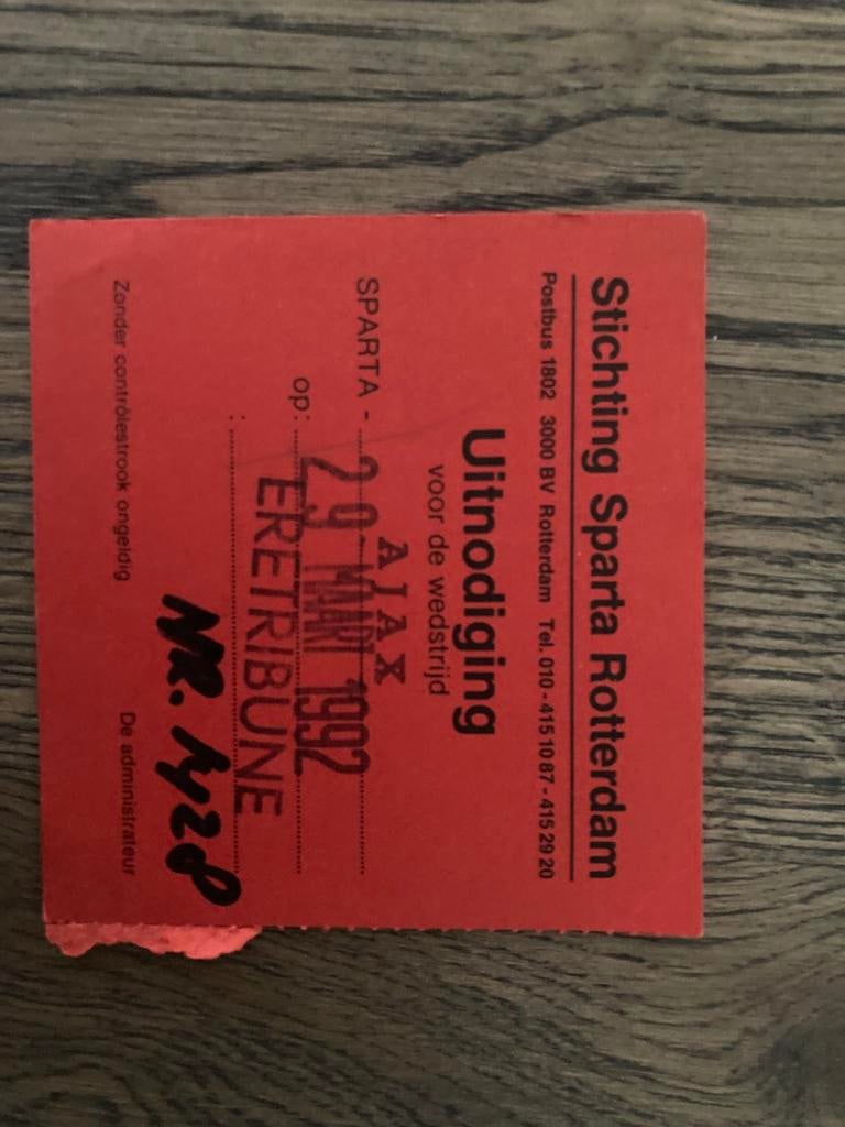 TICKET SPARTA-AJAX 91-92 uitnodiging ere TRIBUNE, Ophalen of Verzenden, Zo goed als nieuw, Ajax, Overige typen