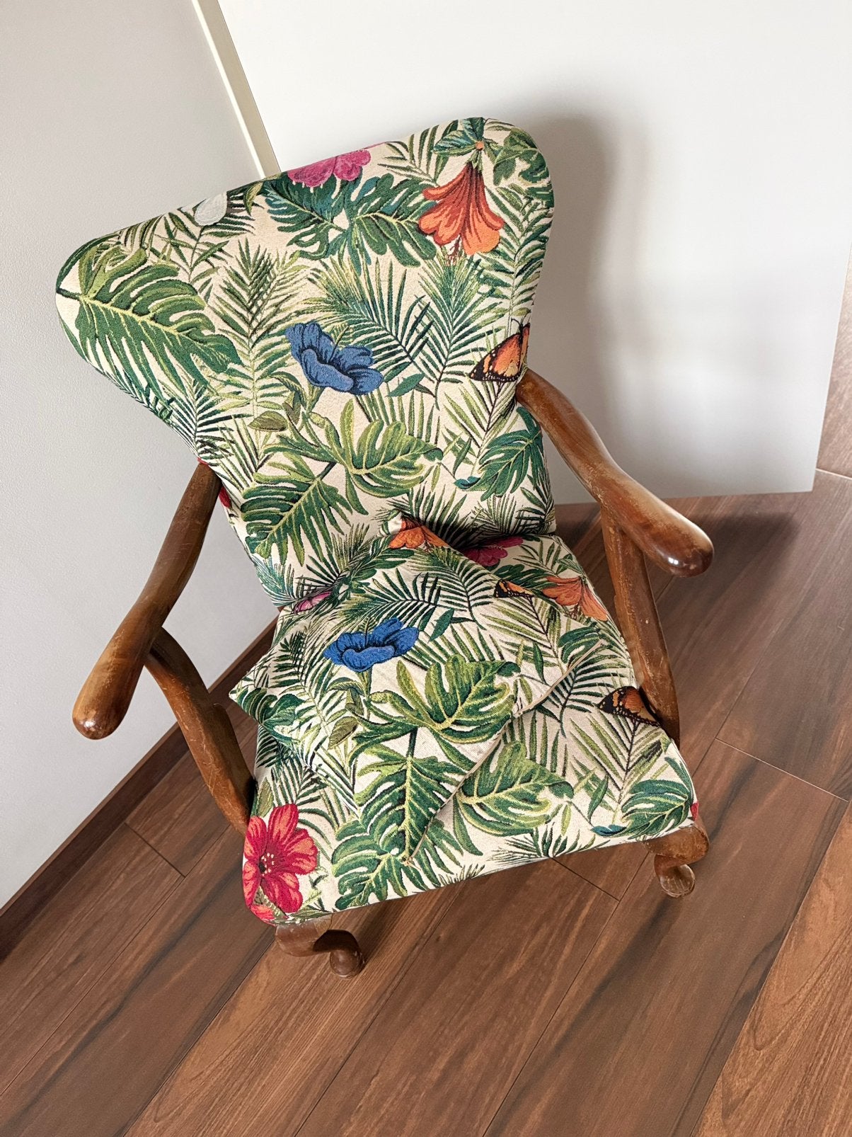Unieke Vintage Fauteuil met Tropische Print + Kussen, Ophalen, Gebruikt