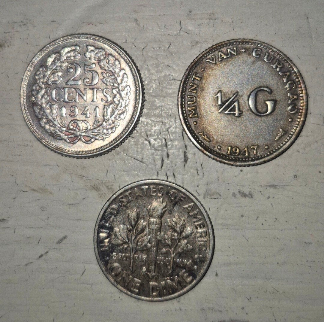 Oude munten Zilver: 2x Wilhelmina, 1x Amerikaanse Dime, Setje, Zilver, Koningin Wilhelmina, Overige waardes