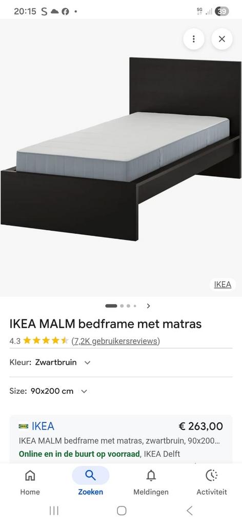 IKEA MALM bedframe met matras, zwartbruin, 90x200 cm, Huis en Inrichting, Slaapkamer | Bedden, Ophalen, 90 cm, Eenpersoons, Zwart