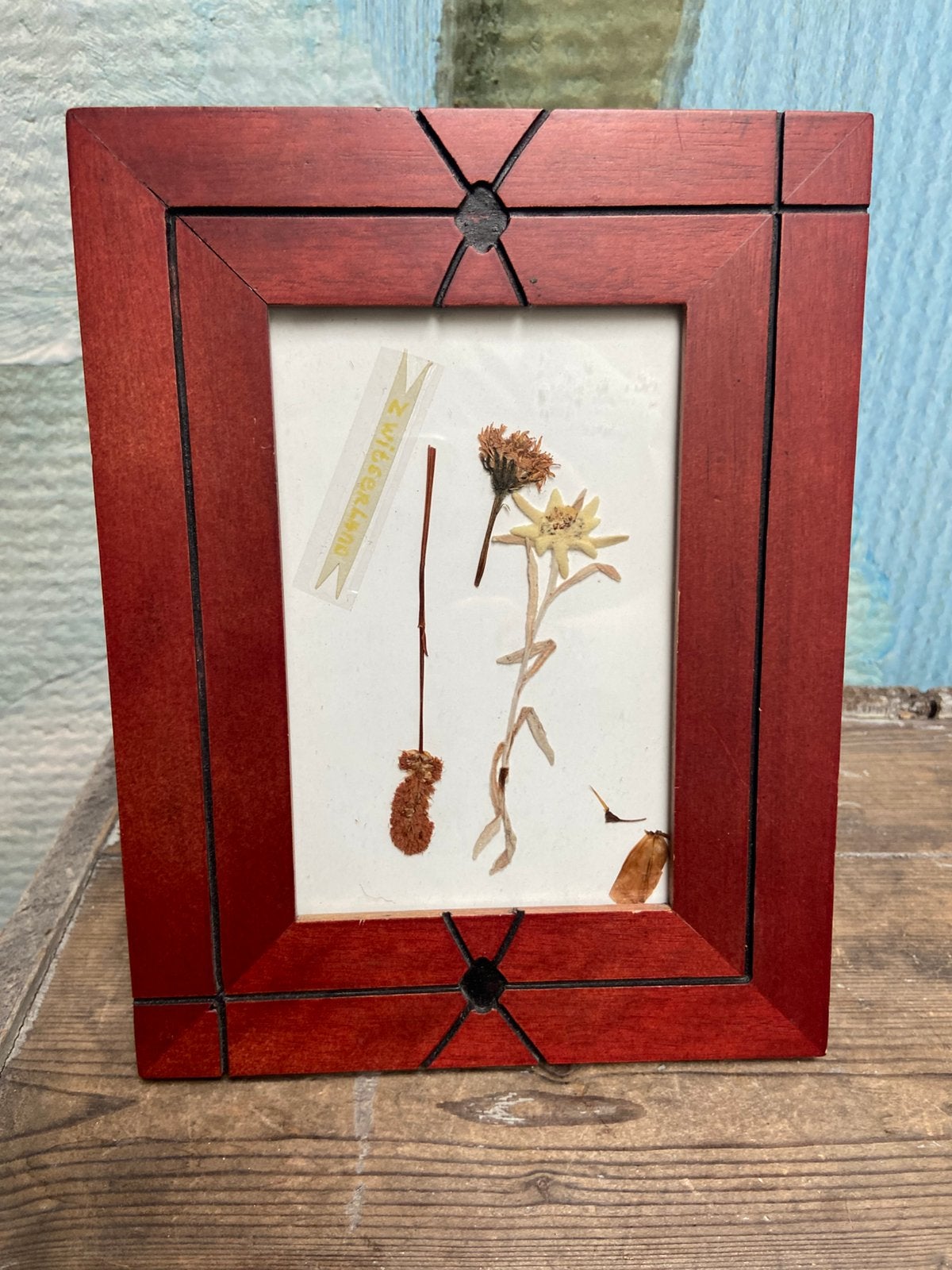 Prachtig bewerkt houten fotolijstje met gedroogde bloemen, Bruin, Gebruikt, Met sierrand, Ophalen of Verzenden