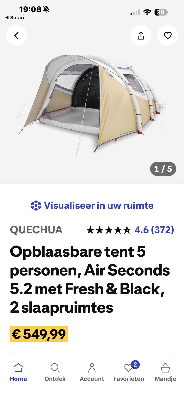Te huur: Quechua Air Seconds 5.2 opblaastent - met extra’s, Ophalen, Zo goed als nieuw