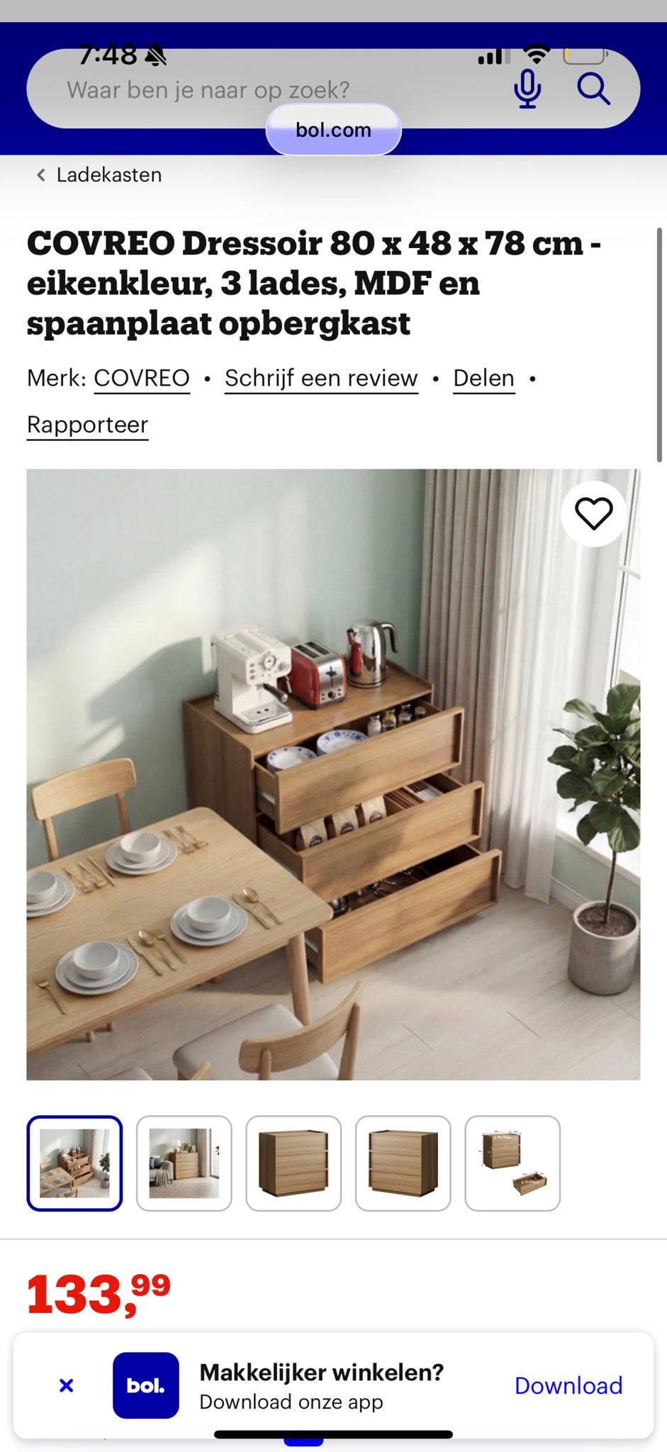 Nieuw COVREO Dressoir 80x48x78 cm - eikenkleur, 3 laden, Huis en Inrichting, Ophalen, Nieuw, 50 tot 100 cm, 3 of 4 laden