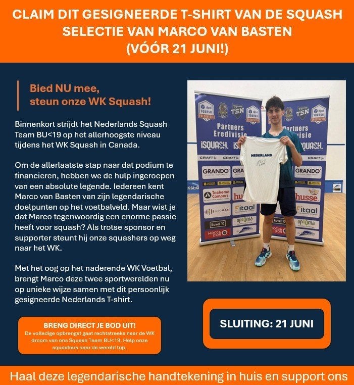 Gesigneerd Nederlands squashshirt door Marco van Basten!, Ophalen, Maat 52/54 (L), Wit, Nieuw