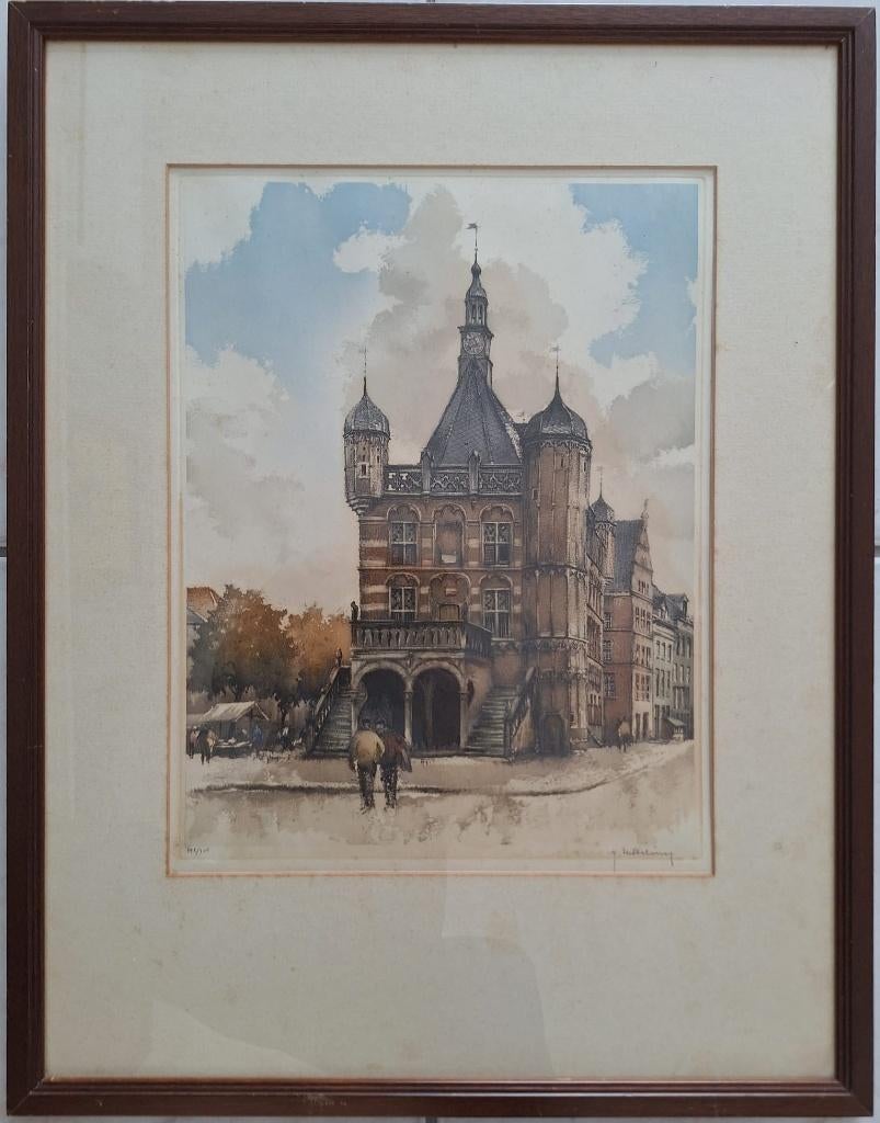 Original etching van De Waag in Deventer, Antiek en Kunst, 68 cm, 53 cm, Ets, Stadsgezicht