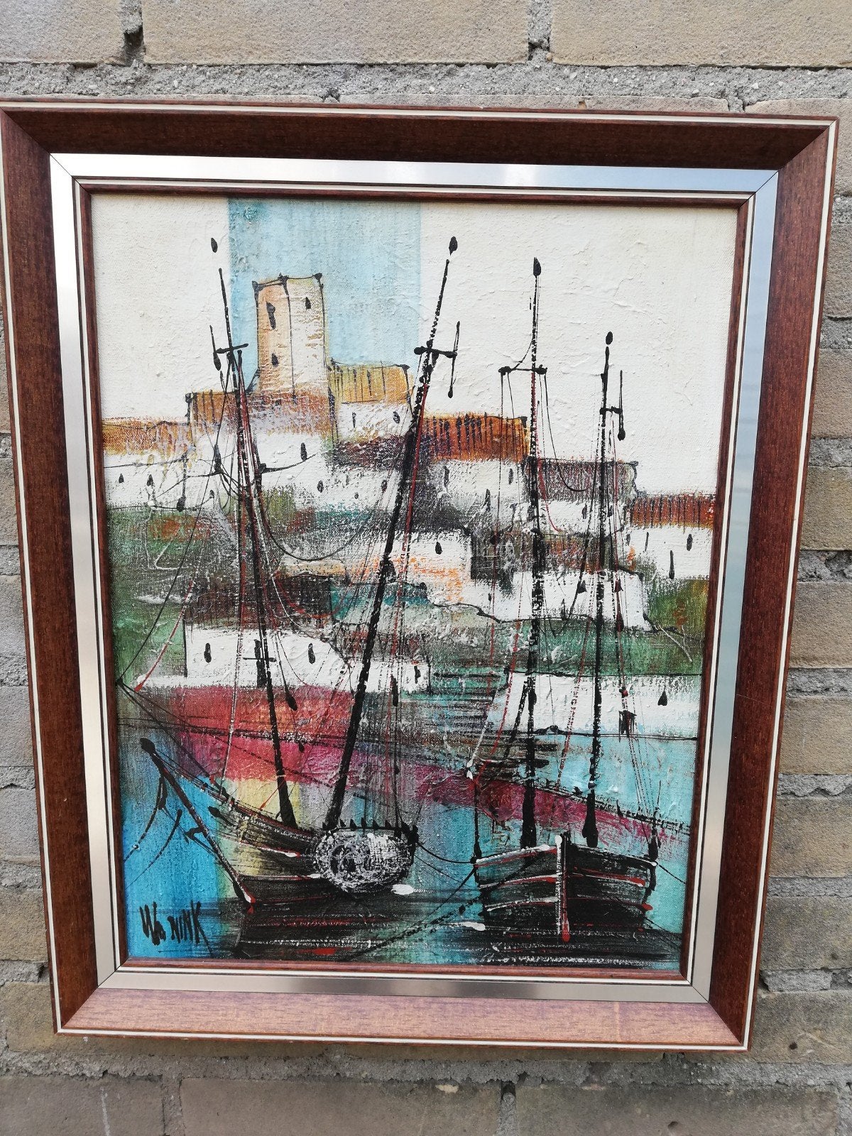 Vissersboten in haven. Sign. Olie/doek. 41/50 cm., Maritiem / water, Overige stijlen, Doek, Ophalen of Verzenden