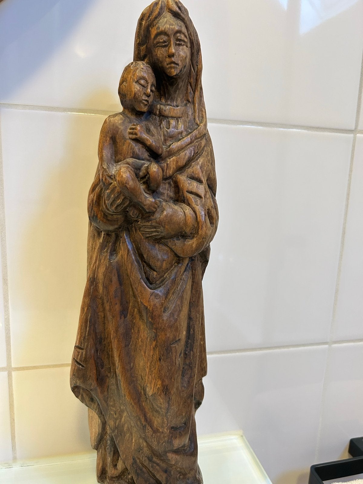 Antiek houten beeld Maria met kind, Ophalen, Handgemaakt, 20 - 50 cm, Beeld