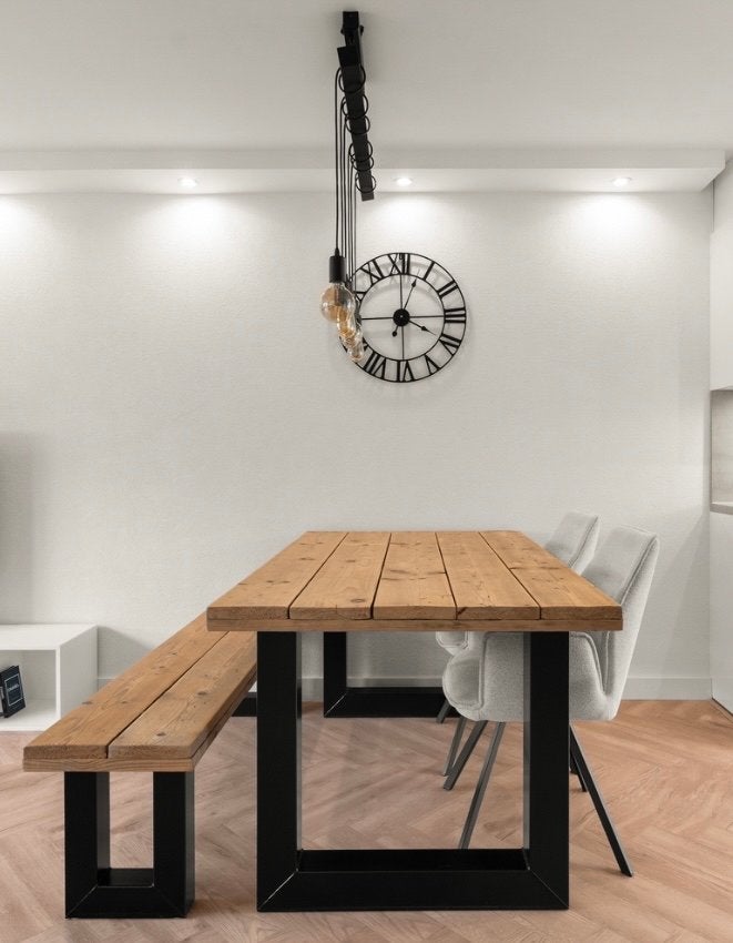 Industriële eettafel met bijpassend bankje, Ophalen, Gebruikt, 50 tot 100 cm, 150 tot 200 cm