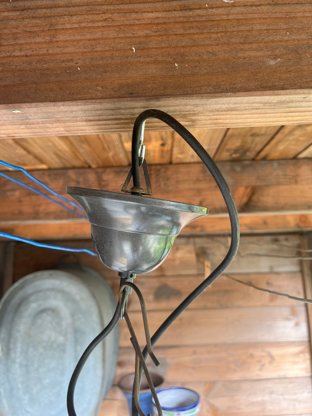 Vintage glazen hanglamp met metalen frame, Huis en Inrichting, Lampen | Hanglampen, Ophalen, Gebruikt, Glas, E27 (groot)