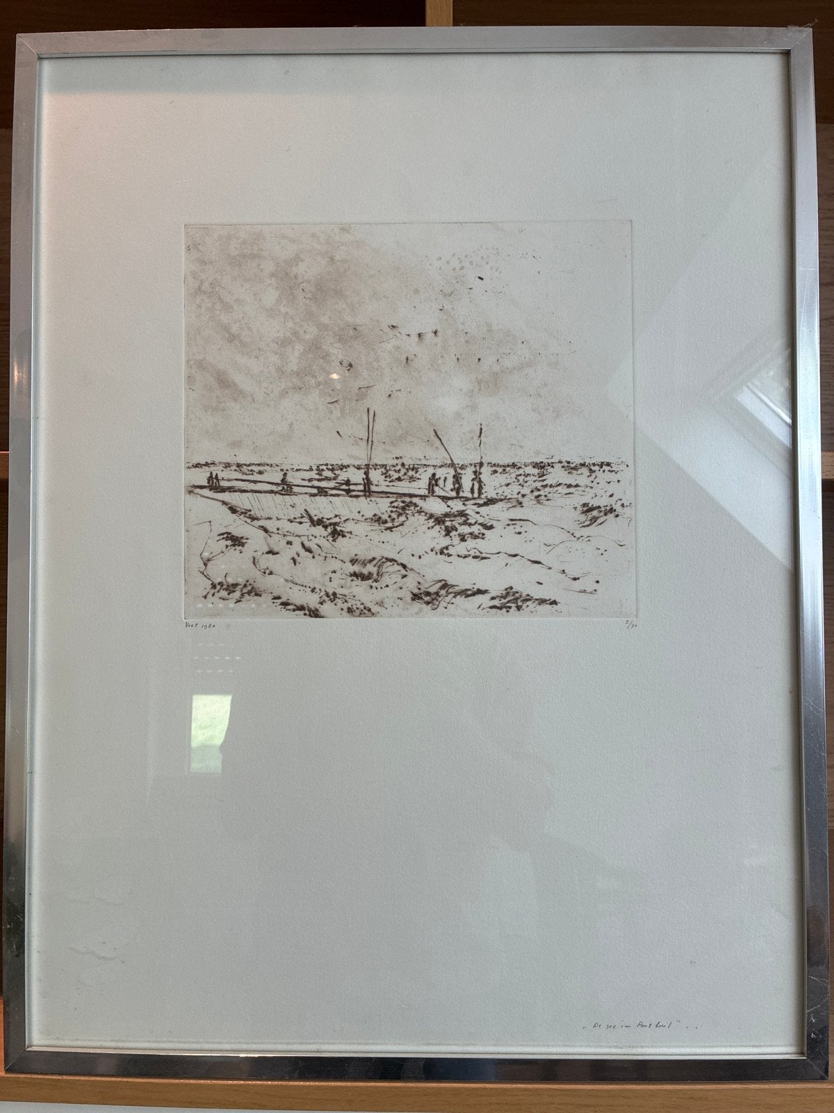 Gerard Voet: Ets 'De zee in Port bail' gesigneerd Voet 1980, Antiek en Kunst, Ophalen of Verzenden, Gesigneerd, Landschap, 1950 - 1999