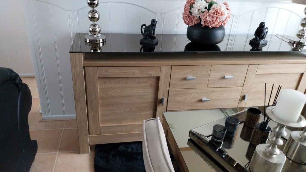 Salontafel, eettafel, dressoir, tv kast - Licht eiken, Ophalen of Verzenden, Zo goed als nieuw, Glas