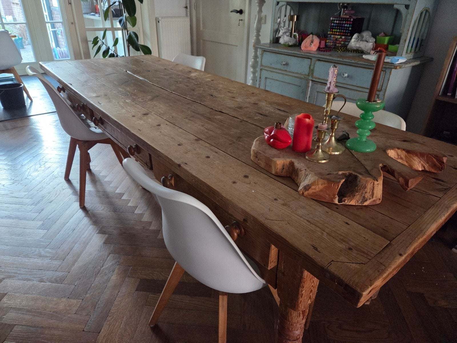 Grote antieke houten eettafel met lades, Antiek en Kunst, Ophalen